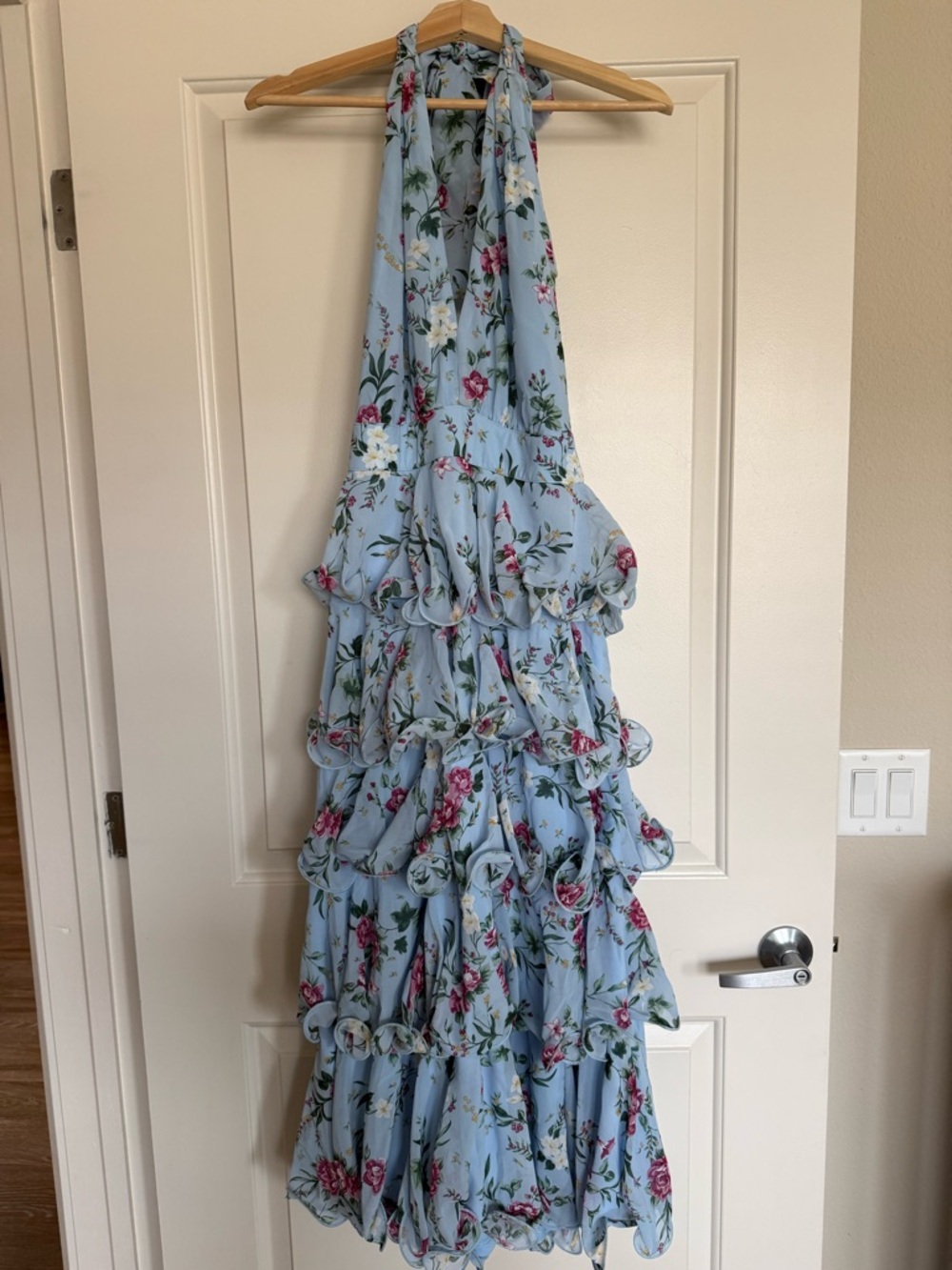 Lulu's Light Blue Floral Ruffled Halter Wedding Guest Dress